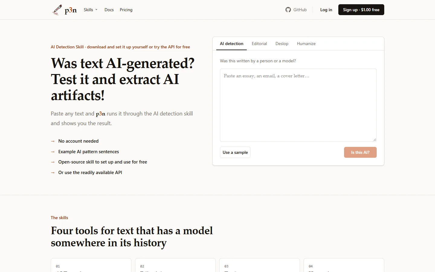 p3n.si before: a three-line serif headline and a list of four arrow points, next to the same AI detection tool.